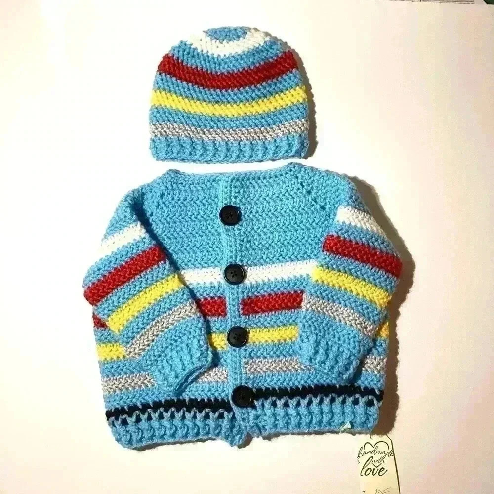 HANDMADE BLUE& red, white black stripes Baby sweater Cardigan 0-12months old